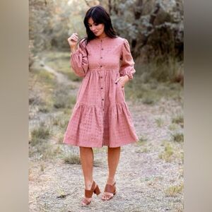 Eyelet Dusty Pink Button-Up Tiered dress Size Small Cottagecore Prairie